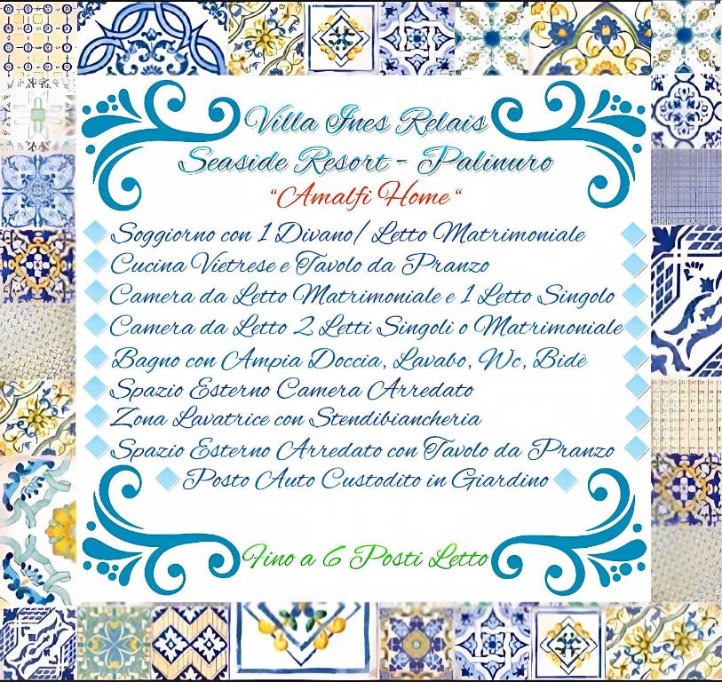 a blue and white tile patterned menu for a restaurant at AMALFI ROOM ~ Camera indipendente con Bagno interno per Max 3/4 Persone in Palinuro