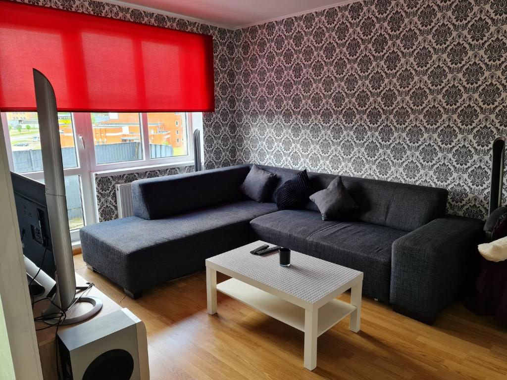 a living room with a couch and a tv at Vienības in Krāslava