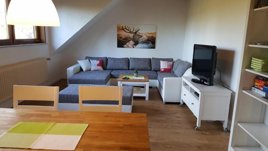 - un salon avec un canapé et une télévision dans l'établissement Ferienhaus Anjofina Ferienwohnung Kobel, à Altenau