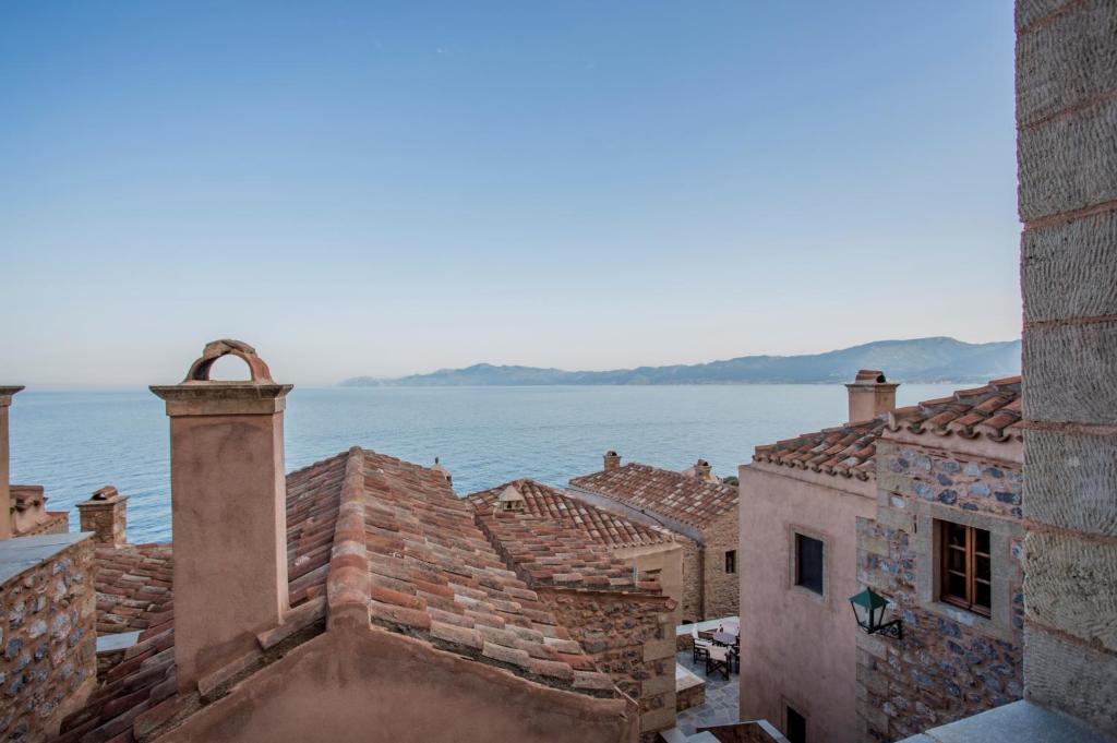 a view of the water from the roofs of buildings at Bastione Malvasia Hotel (ex New Malvasia) in Monemvasia