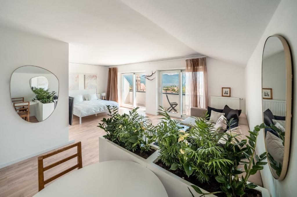 ein Wohnzimmer mit Pflanzen und einem Spiegel in der Unterkunft Villa Maria Boutique Apartment St Pauls in Appiano sulla Strada del Vino