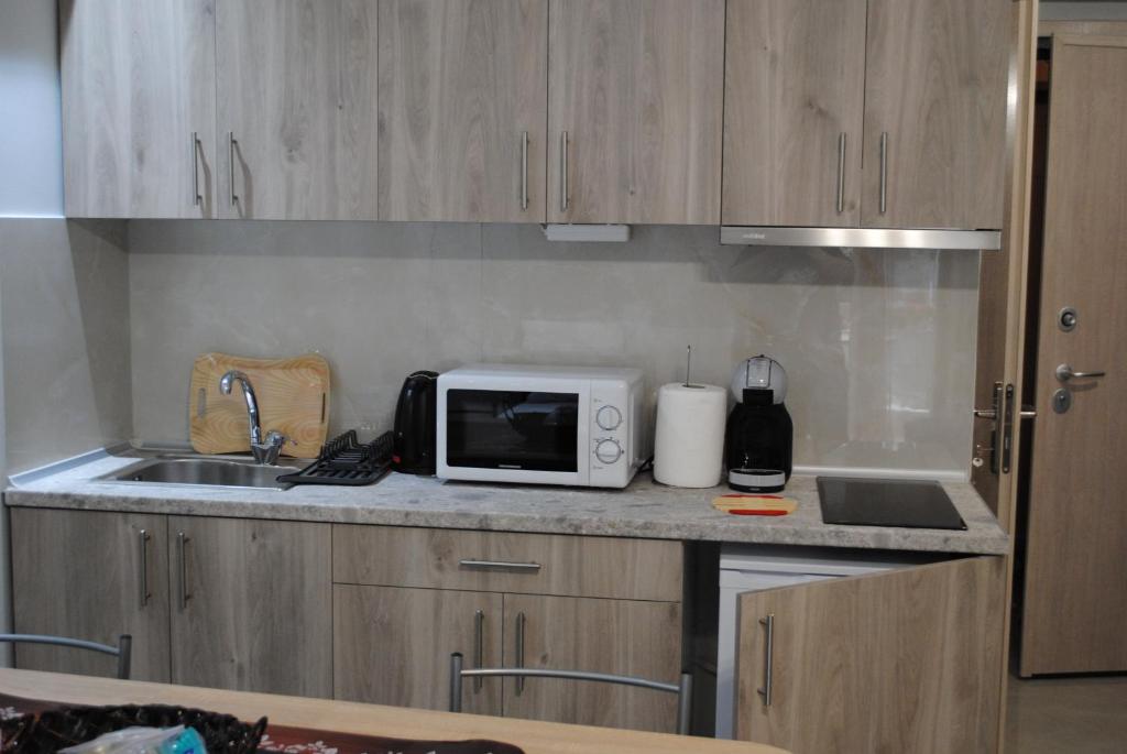 a kitchen with a sink and a microwave on a counter at Mina's Spacious Studio Apt : June '23 Renovated in Thessaloniki