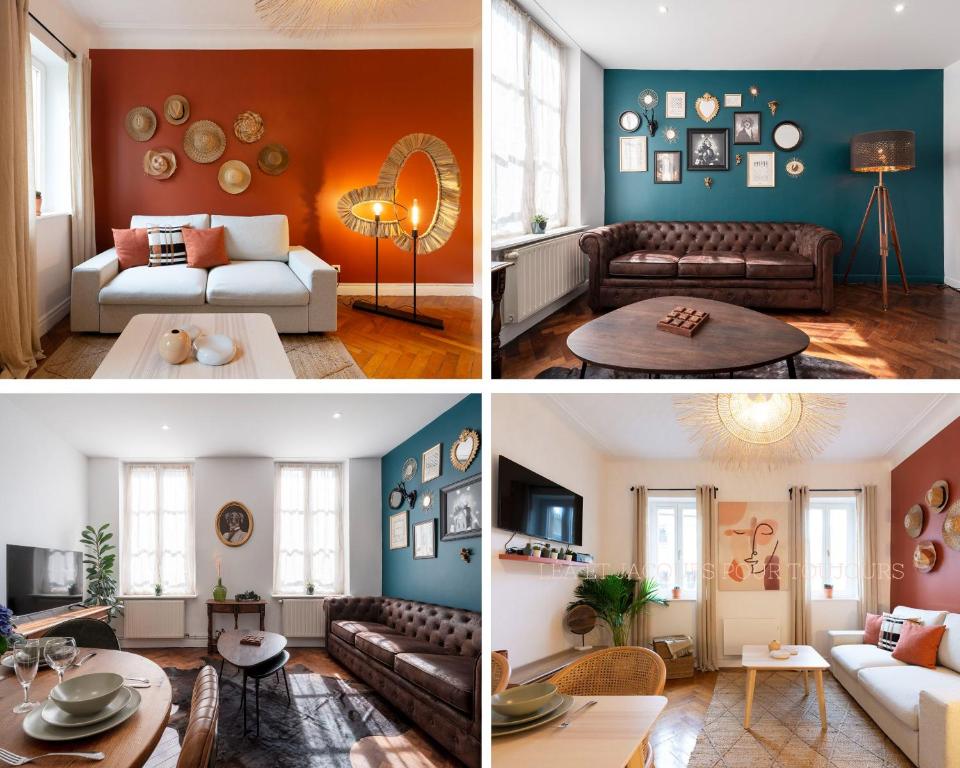 a collage of four pictures of a living room at Bohemian Bakoua & Chesterfield Cottage, hyper-centre in Metz