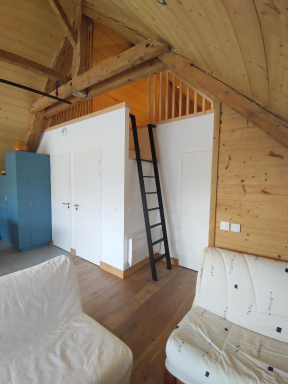 une chambre avec deux portes de garage et une échelle dans l'établissement Logement entre lac et montagne, à Annecy