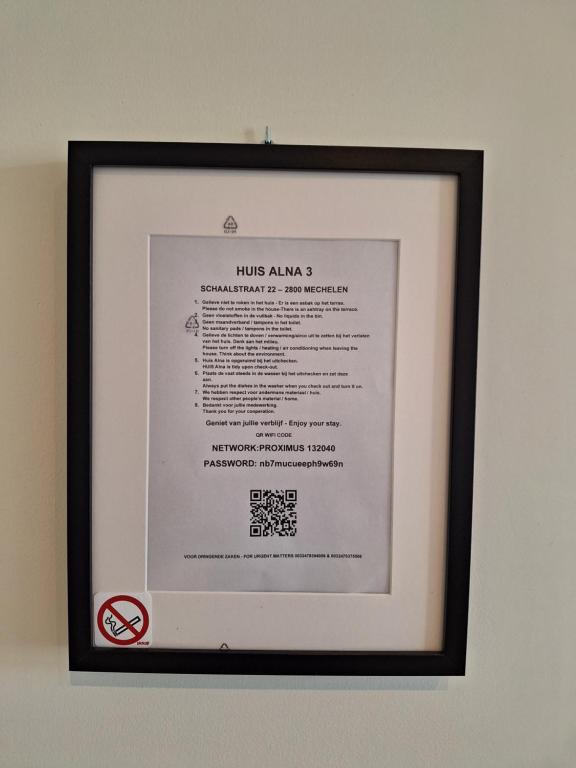 Certifikát, hodnocení, plakát nebo jiný dokument vystavený v ubytování Huis ALNA 3