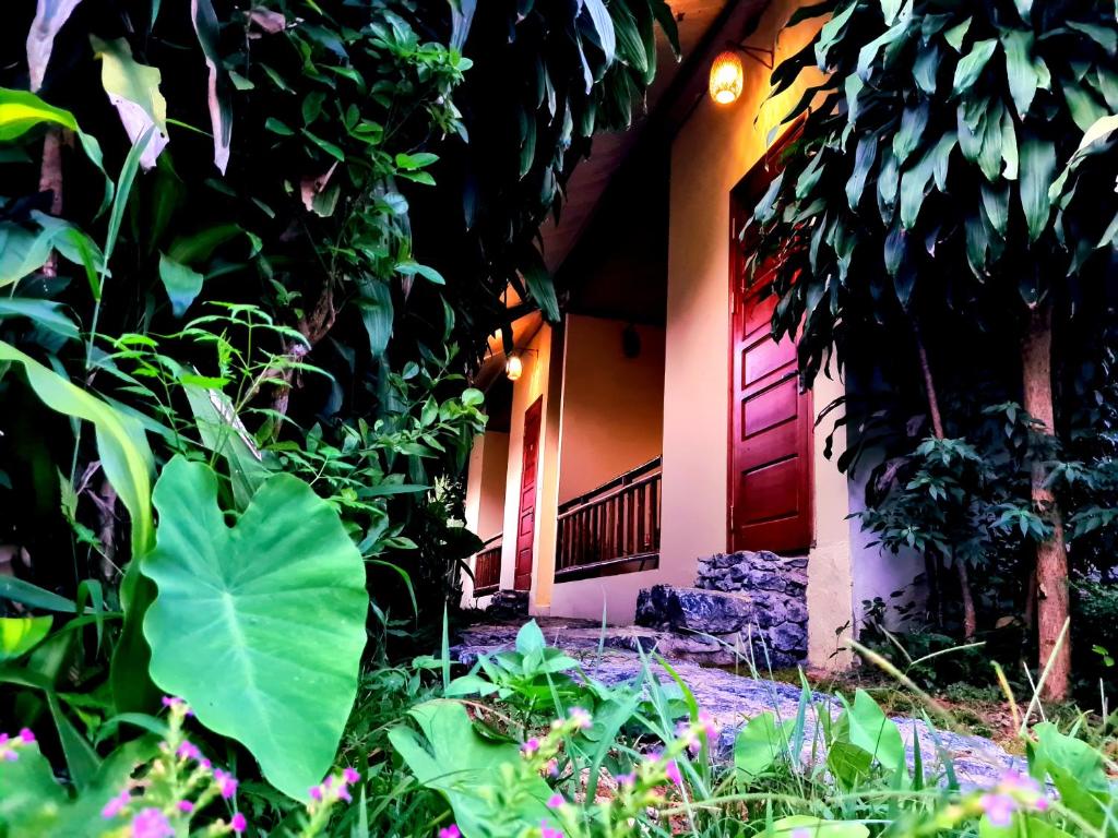 una casa con una puerta roja y algunas plantas en Palm Hill Chalet, en Ha Giang