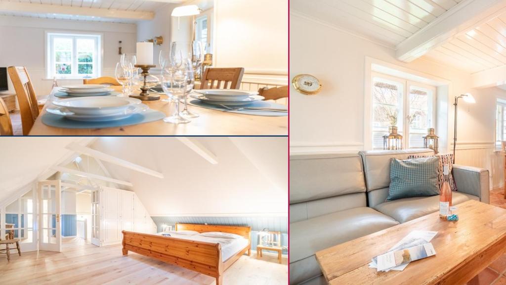 a collage of pictures of a living room and dining room at Luettliv-Huus I in Wyk auf Föhr
