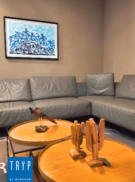 a living room with a couch and a table with cactuses at TRYP BY WYNDHAM São Paulo Airport - Hotel de Transito Terminal 3 -Lado Ar - Área restrita á passageiros já embarcados - Piso 1 in Guarulhos