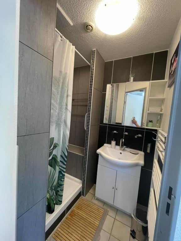 a small bathroom with a sink and a shower at T2 au cœur de la nature de Digne in Digne-les-Bains