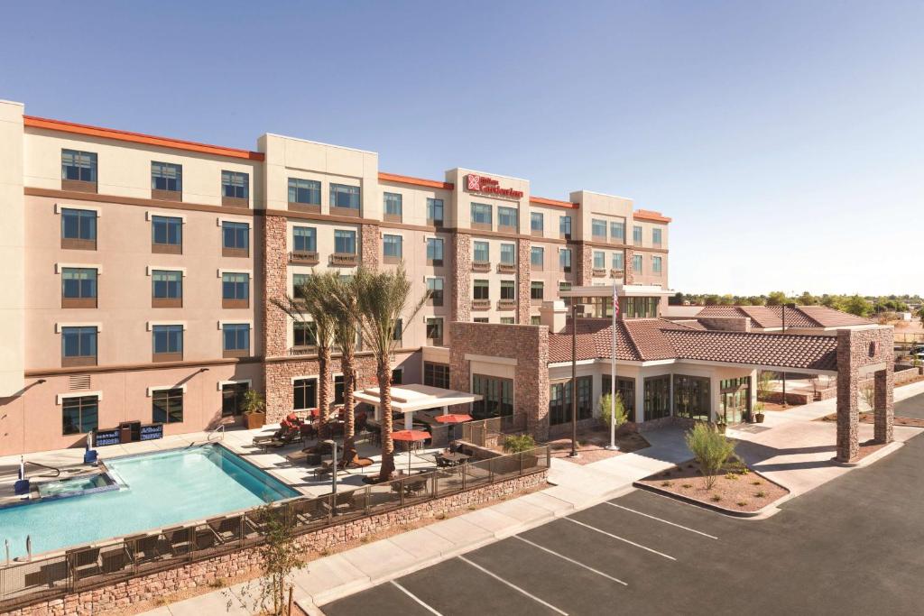 an aerial view of a hotel with a pool at Hilton Garden Inn Phoenix-Tempe University Research Park, Az in Tempe