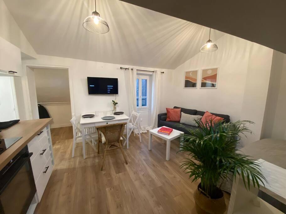 un salon avec un canapé et une table dans l'établissement La Mansarde LCD Pontoise, à Pontoise