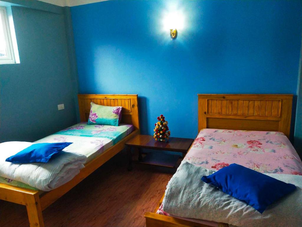 加德滿都的住宿－Peace Homestay，一间卧室设有两张床和蓝色的墙壁