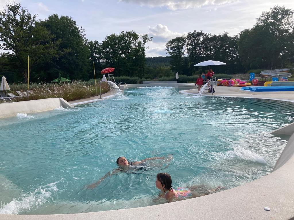 a couple of people swimming in a swimming pool at F1 noir&#47;anis, avec terrasse couverte et jardin (E) in Compreignac