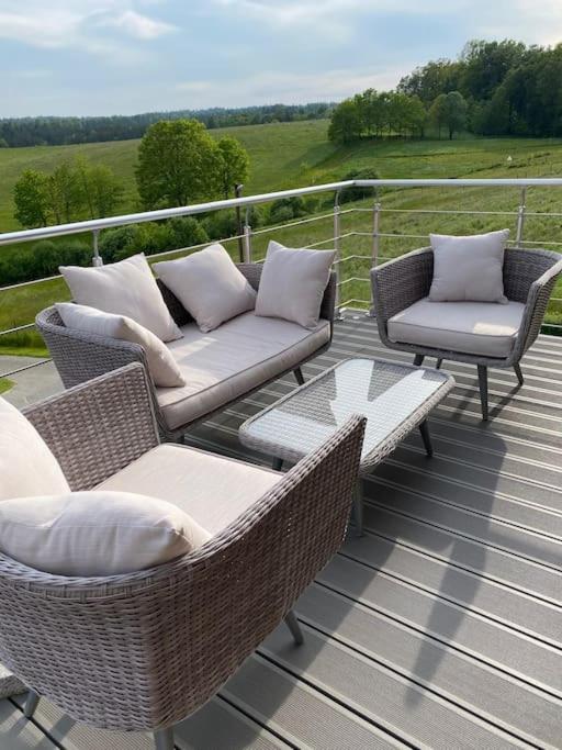 a deck with wicker furniture and a table and chairs at Dachterrassenwohnung Alois in Passau
