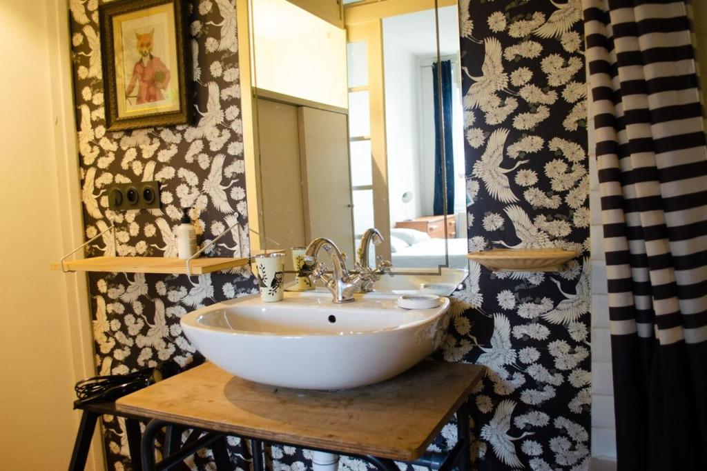 a bathroom with a sink and a mirror at Chez Julie -métro Garibaldi- Université in Lyon