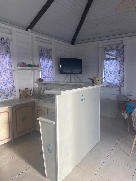 a kitchen with a counter and a tv in a room at magnifique t2 de charme in Ravine Braie
