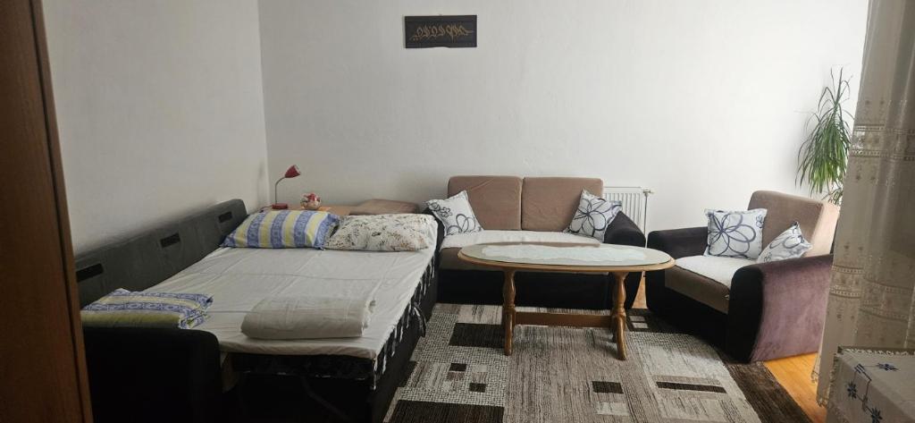 ein Wohnzimmer mit einem Sofa und einem Tisch in der Unterkunft Apartman stan Konjic in Konjic