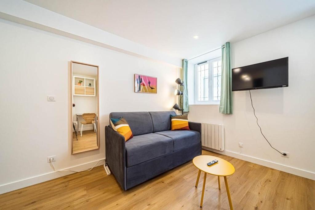 ein Wohnzimmer mit einem blauen Sofa und einem TV in der Unterkunft Studio Simon cosy 2 pers Sainte-Foy-lès-Lyon in Sainte-Foy-lès-Lyon