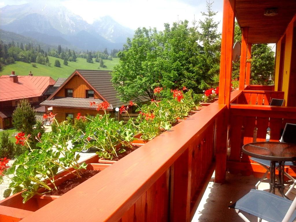 uma varanda com flores e vista para uma casa em Penzion Havran em Ždiar