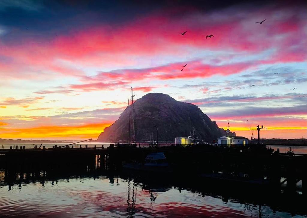 a view of a mountain with birds in the sunset at Morro Bay Beach Inn in Morro Bay