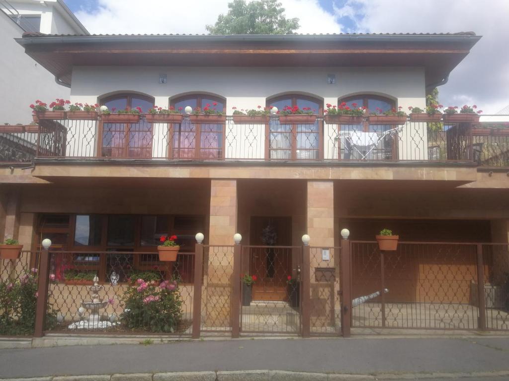 ein Haus mit Blumen auf den Balkonen in der Unterkunft RENA in Prag