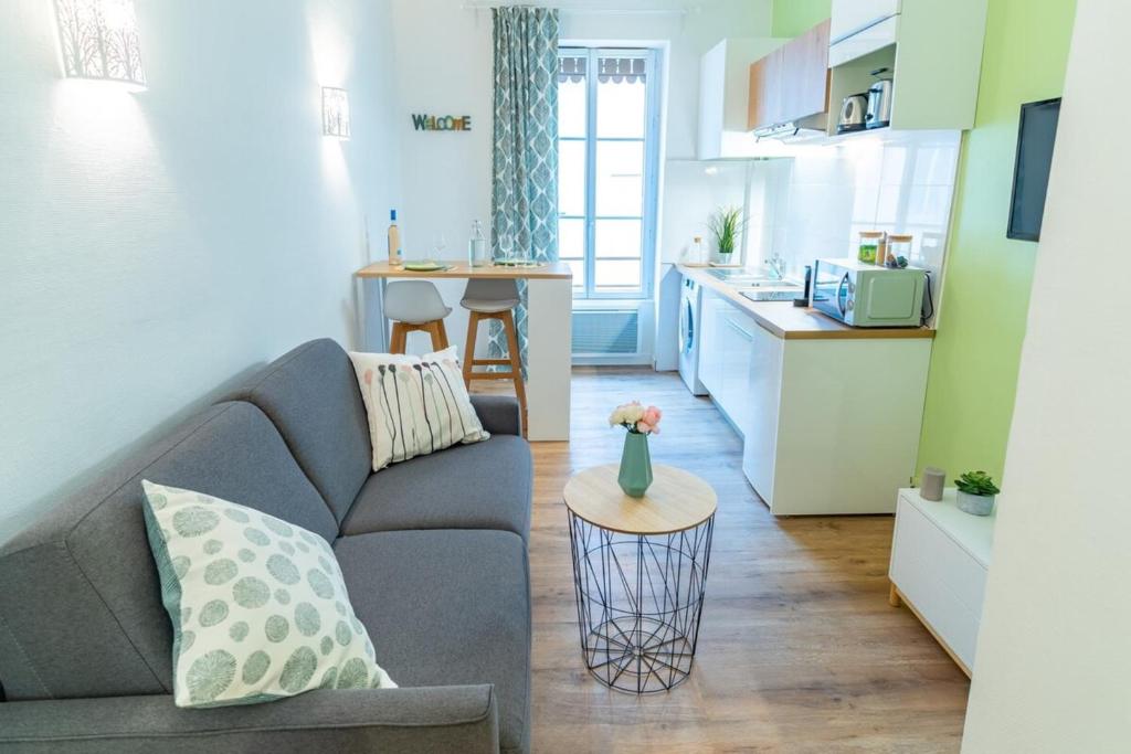 a living room and kitchen with a couch and a table at Studio coquet rénové - Villeurbanne in Villeurbanne