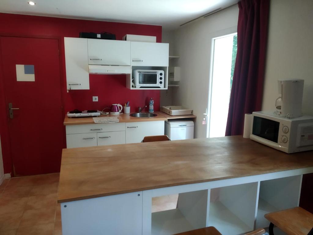 una cocina con armarios blancos y una pared roja en studio en rez-de-jardin dans la verdure, en Aix-en-Provence