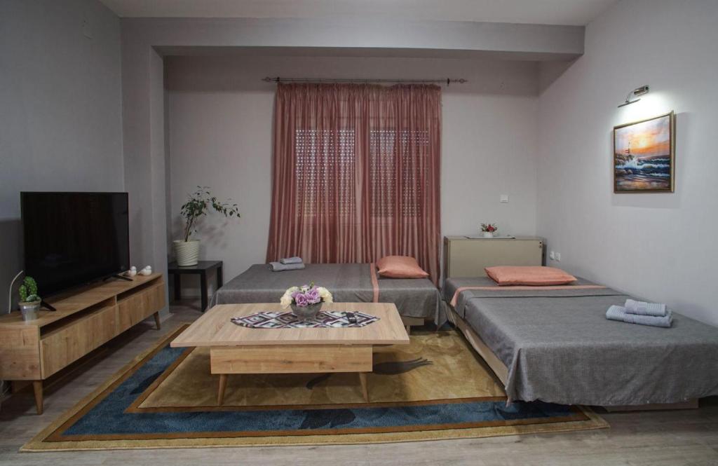- un salon avec 2 lits et une télévision dans l'établissement Apartmani 18-ka, à Gevgelija