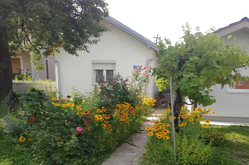 a garden of flowers in front of a house at Apartman SLADJANA Vrnjacka Banja in Vrnjačka Banja