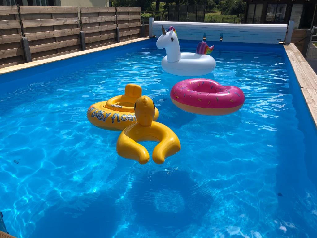 una piscina con dos inflables en el agua en gite des 3 pleureuses, en Saint-Riquier