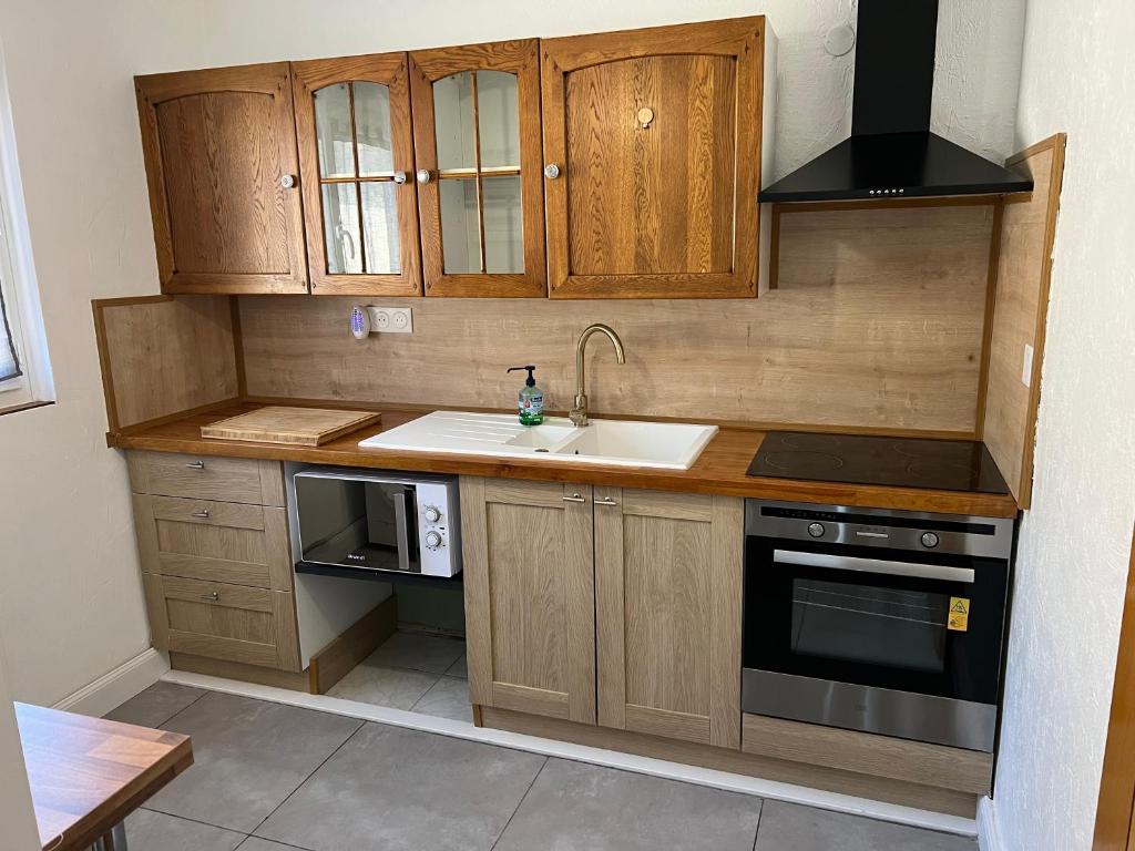 a kitchen with wooden cabinets and a sink and a stove at Petite maison en bordure de N7 in Piolenc