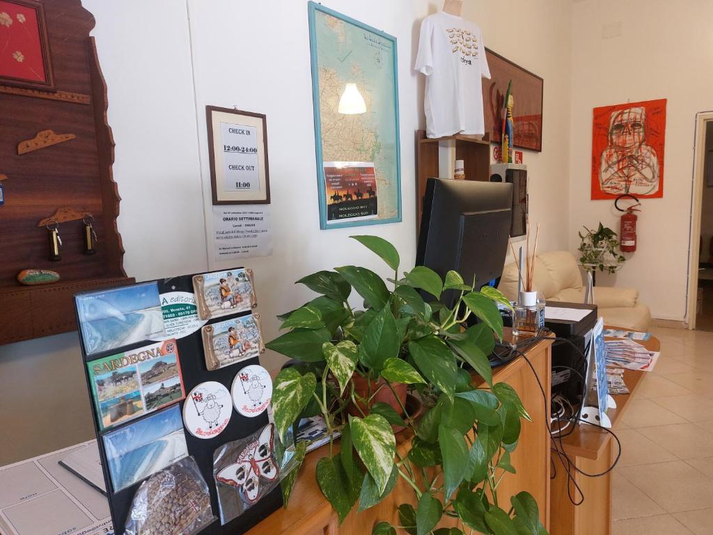 a room with a table with a plant and a tv at Hotel La Pineta in Arborea