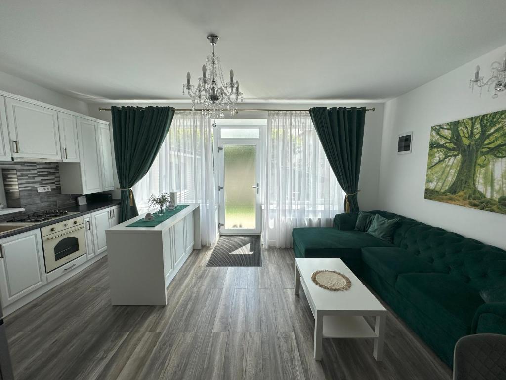 ein Wohnzimmer mit einem grünen Sofa und einer Küche in der Unterkunft elisio - Maple House in Ghimbav