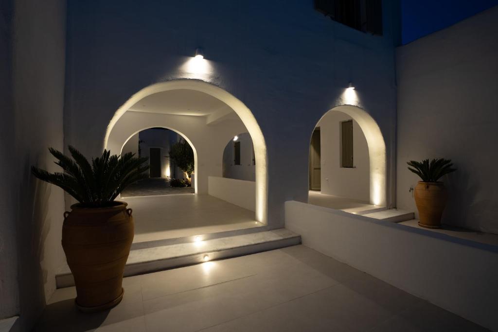 a hallway with two arches and a potted plant at Paros Breeze Luxury Villa in Drios