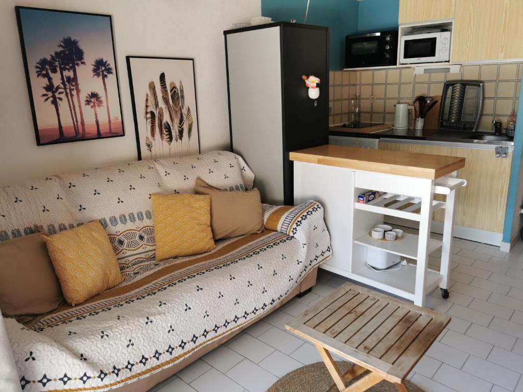 uma sala de estar com um sofá e uma cozinha em MAS DE LA PLAGE em Portiragnes