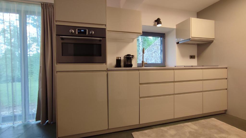 Kuchyň nebo kuchyňský kout v ubytování Apartmán Bříza, výhled na zámek