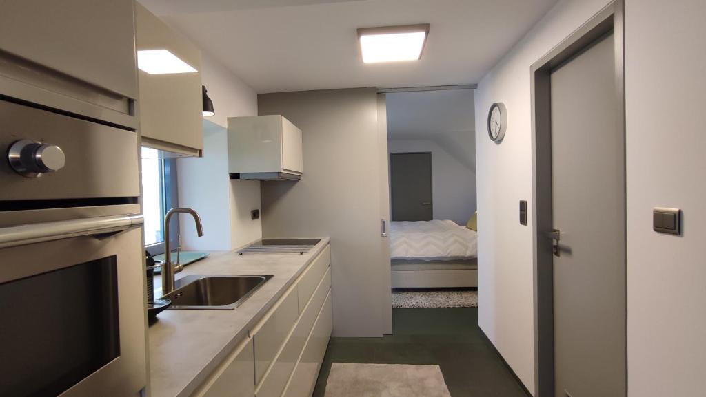 Kuchyň nebo kuchyňský kout v ubytování Apartmán Bříza, výhled na zámek
