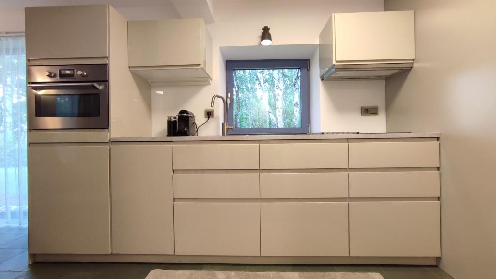 Kuchyň nebo kuchyňský kout v ubytování Apartmán Bříza, výhled na zámek