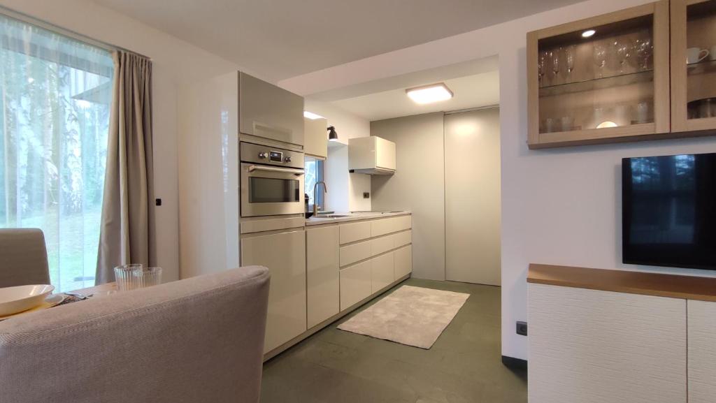 Kuchyň nebo kuchyňský kout v ubytování Apartmán Bříza, výhled na zámek