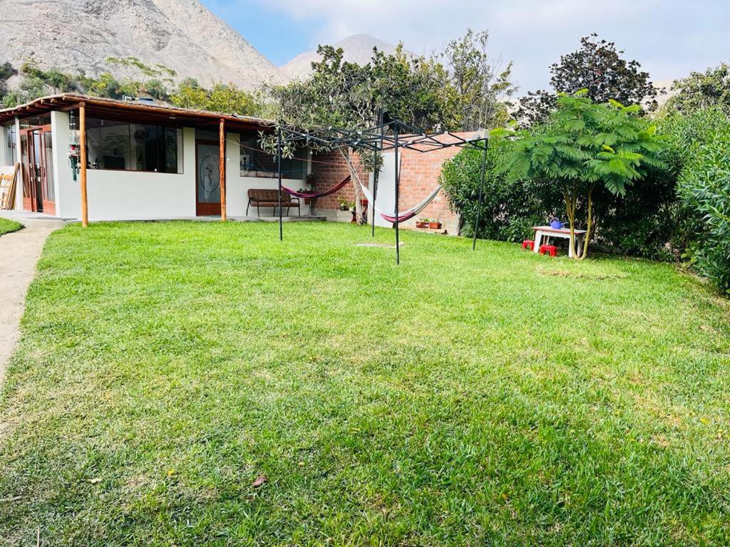 a house with a green lawn in front of it at Casa camping san jerónimo in San Vicente de Cañete