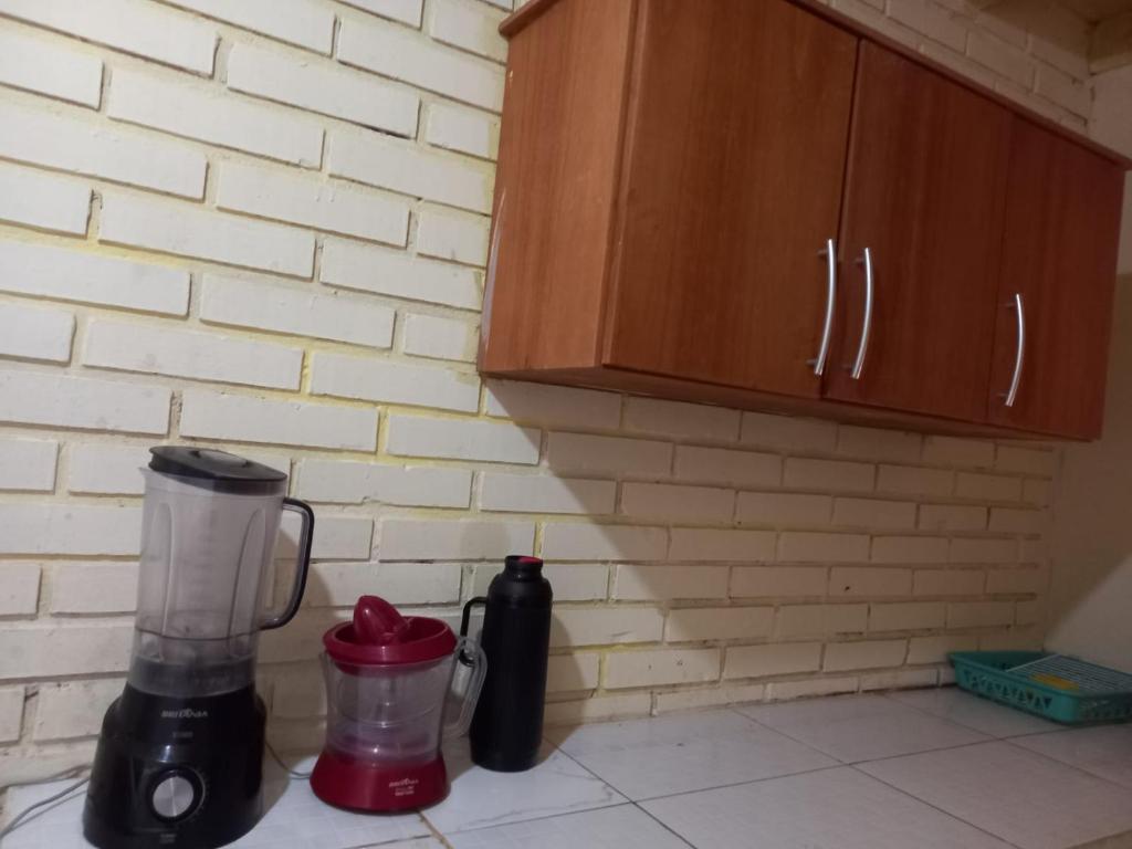 um balcão de cozinha com um liquidificador ao lado de uma parede de tijolos em Hostal los lobos. em Ciudad del Este