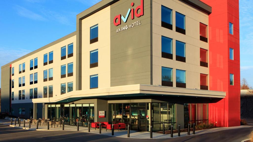 a building with an amazon office on the front at avid hotels Elkhart North by IHG in Elkhart