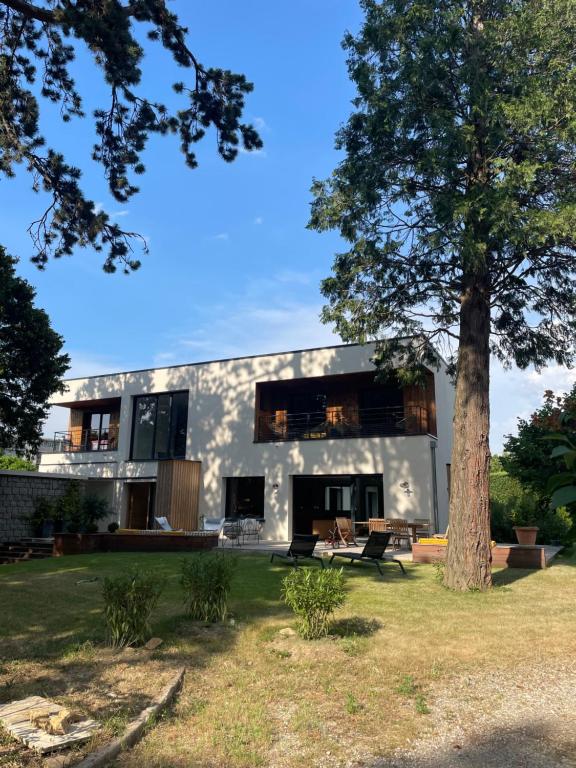 uma casa moderna com uma árvore no quintal em Bread et Couette em Lyon