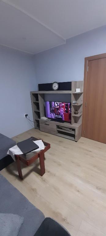 uma sala de estar com uma televisão e uma mesa de centro em Apartman Vanja em Paraćin