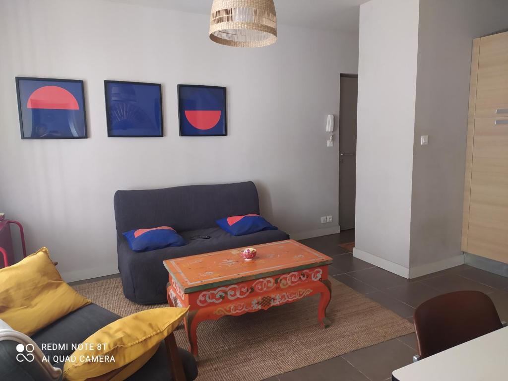 een woonkamer met een bank en een tafel bij Bel appartement dans centre historique avignon in Avignon