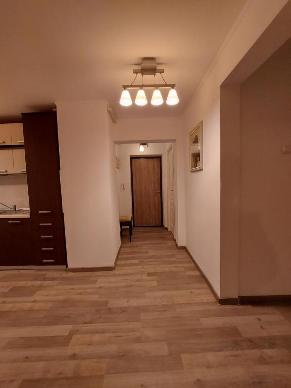 a hallway of an apartment with a door and a room at Central Residence in Câmpulung