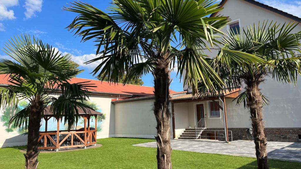 two palm trees in front of a house at 250qm Ferienhaus nahe Berlin für 16 Personen in Heidesee