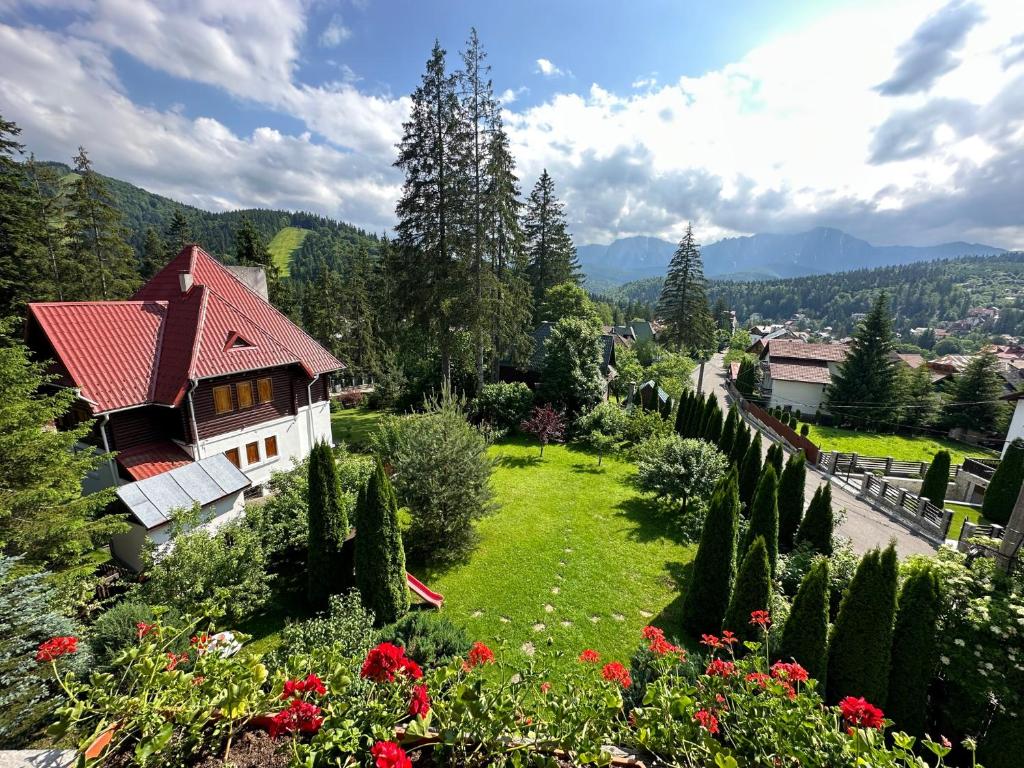 un jardin avec une maison et quelques fleurs et arbres dans l&#39;établissement Transylvanian Villa, à Predeal
