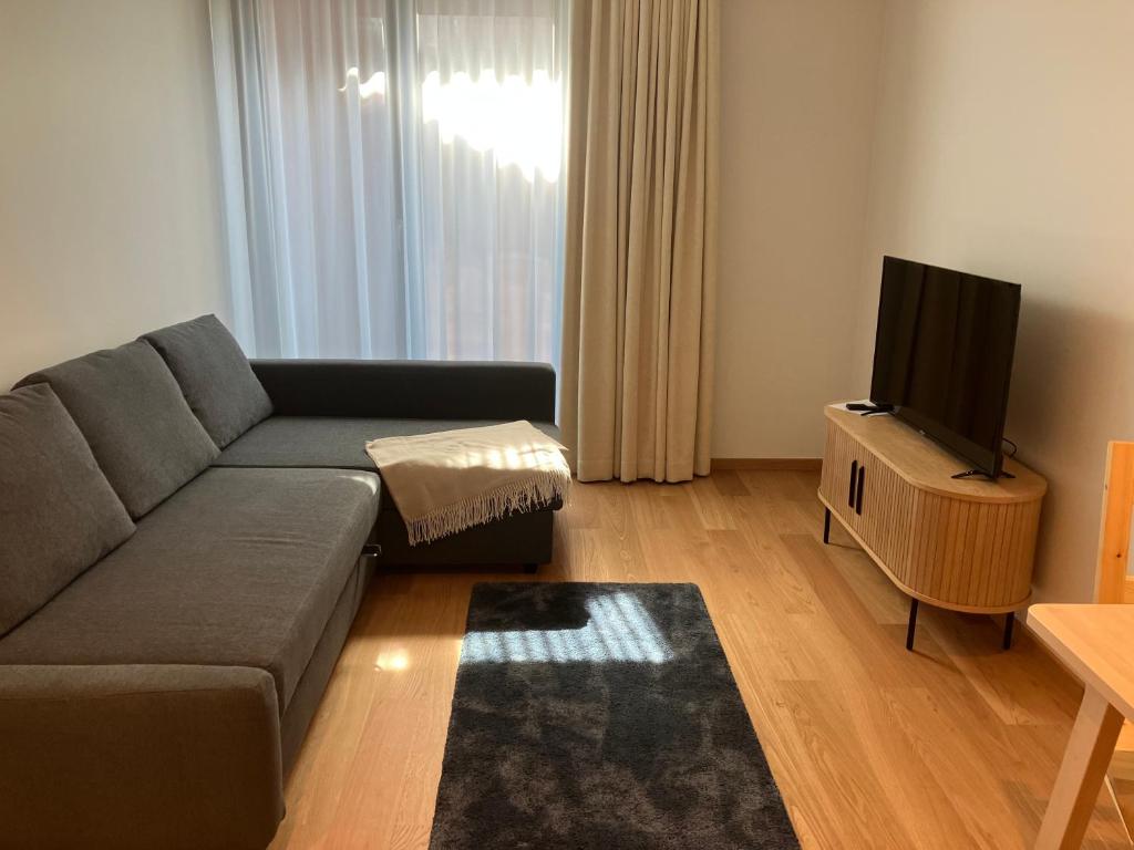 a living room with a couch and a flat screen tv at Small apartment near city centre in Tartu