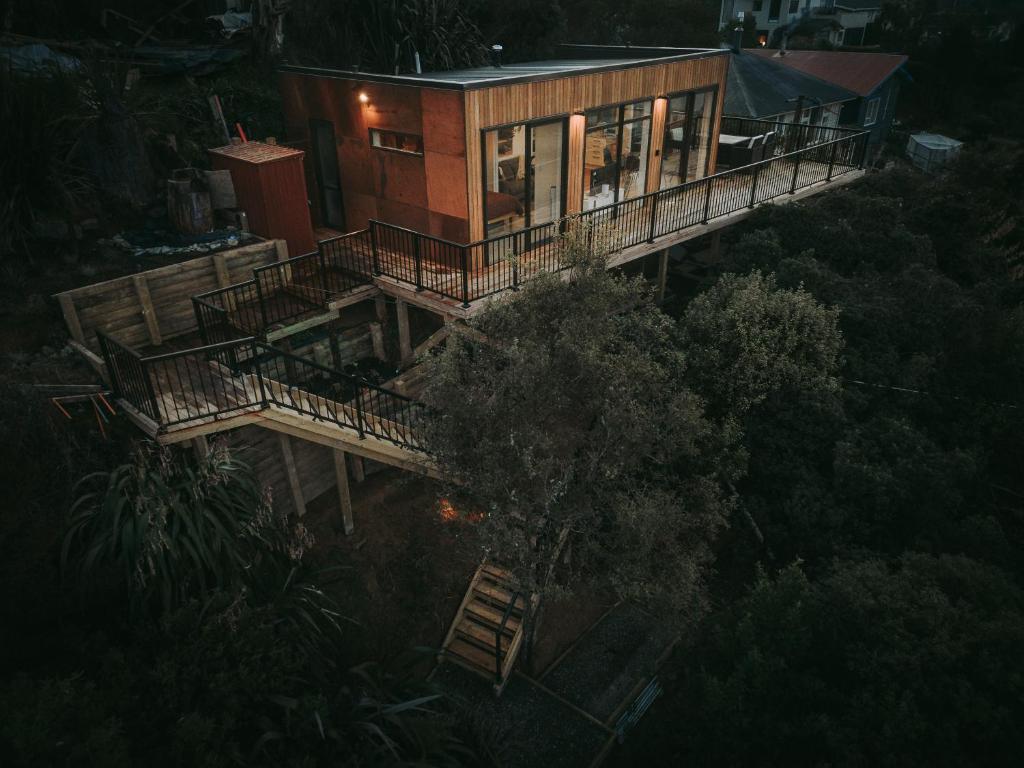 an aerial view of a house with a deck at Firkins Retreat, Picton in Picton